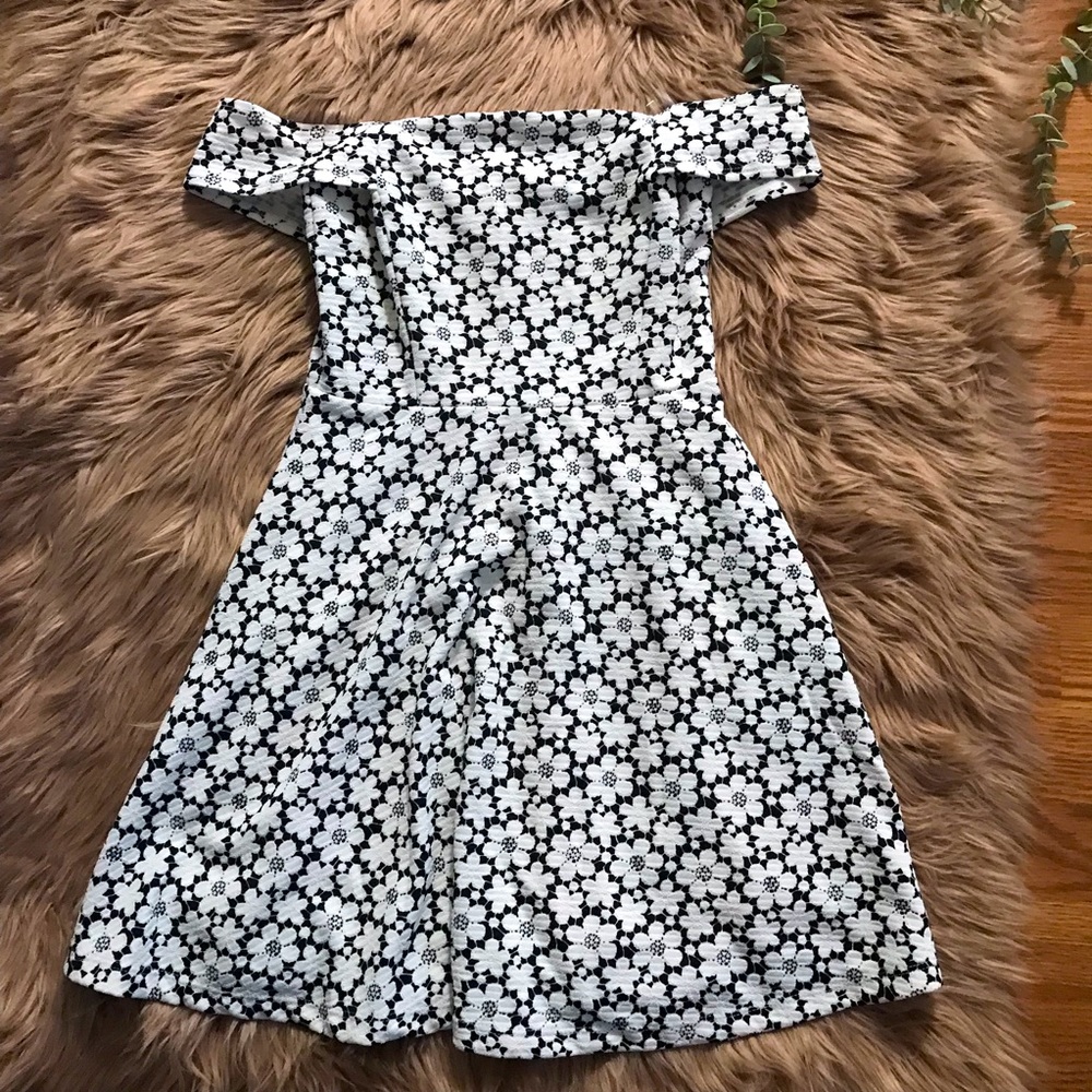 Just Me off the shoulder dress white and black floral print